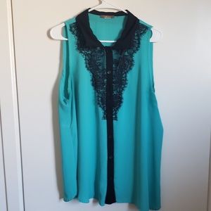 Teal and black lace tank top